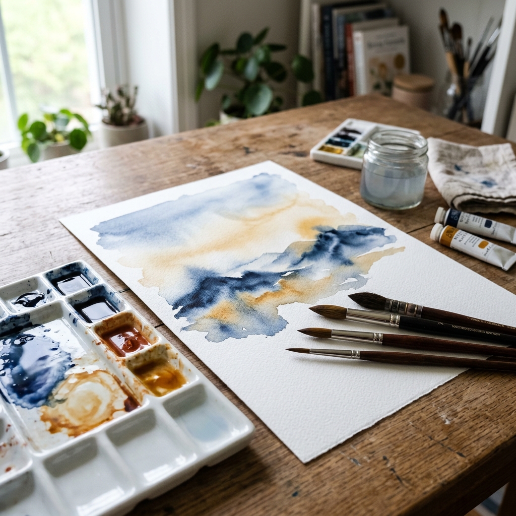 Artist watercolor palette with soft wet paint washes and natural hair brushes